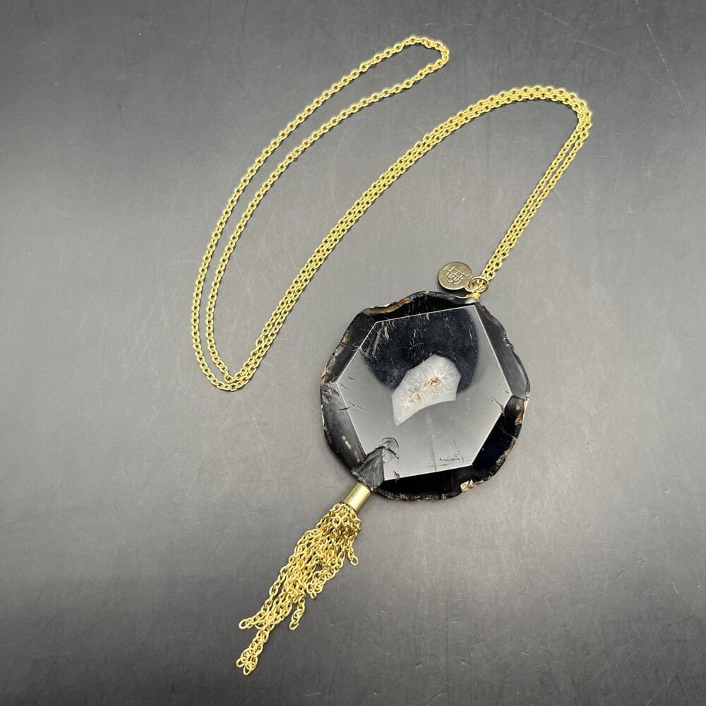 Bourbon And Bowties Boho Tassel Pendant Necklace Black Geode Gold Tone 30 In